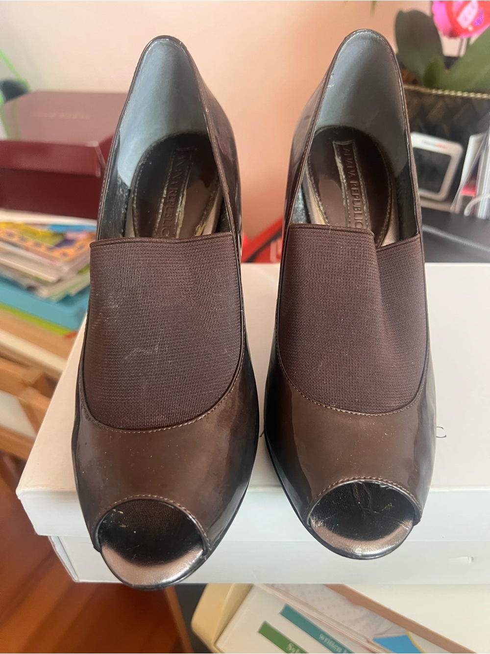 MaxMara like Brown Peep-Toe Elastic Slip-On Pumps